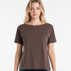 Theory Taupe Brown Linen Spandex Blend Boat Neck Short Sleeve Top SP D4